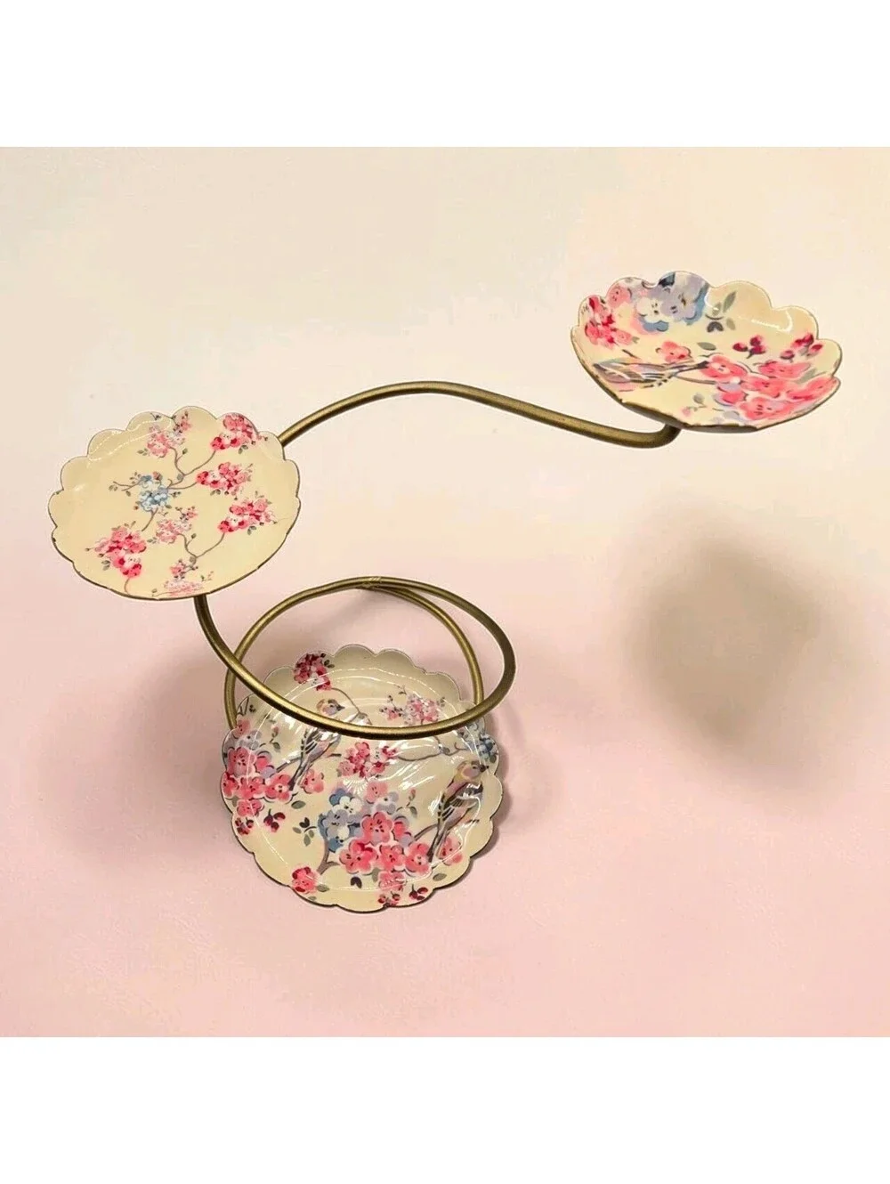 Vintage Chinoiserie 3-Tier Jewelry Dessert Vanity Stand Floral Bird Brass